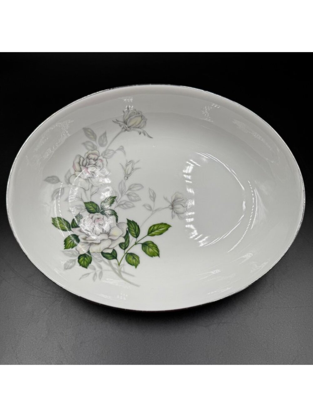 Vintage Sone China Japan Platinum Trim White Rose Oval Serving Bowl 1873